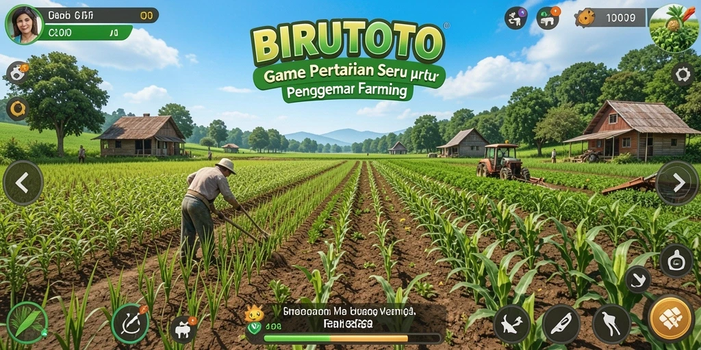 Screenshot gameplay BIRUTOTO yang menunjukkan pertanian yang indah dan interaktif.