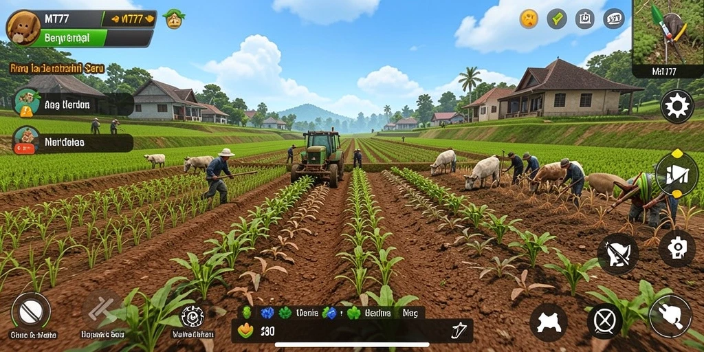 Screenshot gameplay MT777 menampilkan kebun yang rimbun dan aktivitas panen.