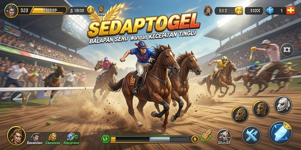 Tampilan gameplay SEDAPTOGEL dengan balapan seru dan dramatis.