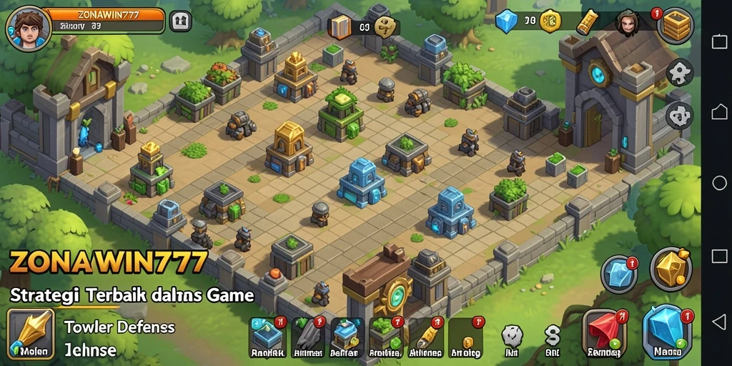 Tangkapan layar gameplay ZONAWIN777 dengan aksi menara pertahanan.